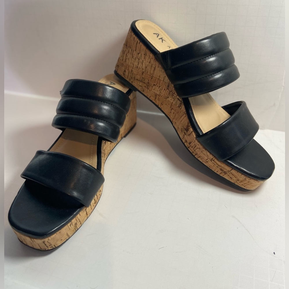 Anne Klein~Neutral~Black~Faux Leather~Open Toe~Slip-On Cork Wedge Sandal~Size 9